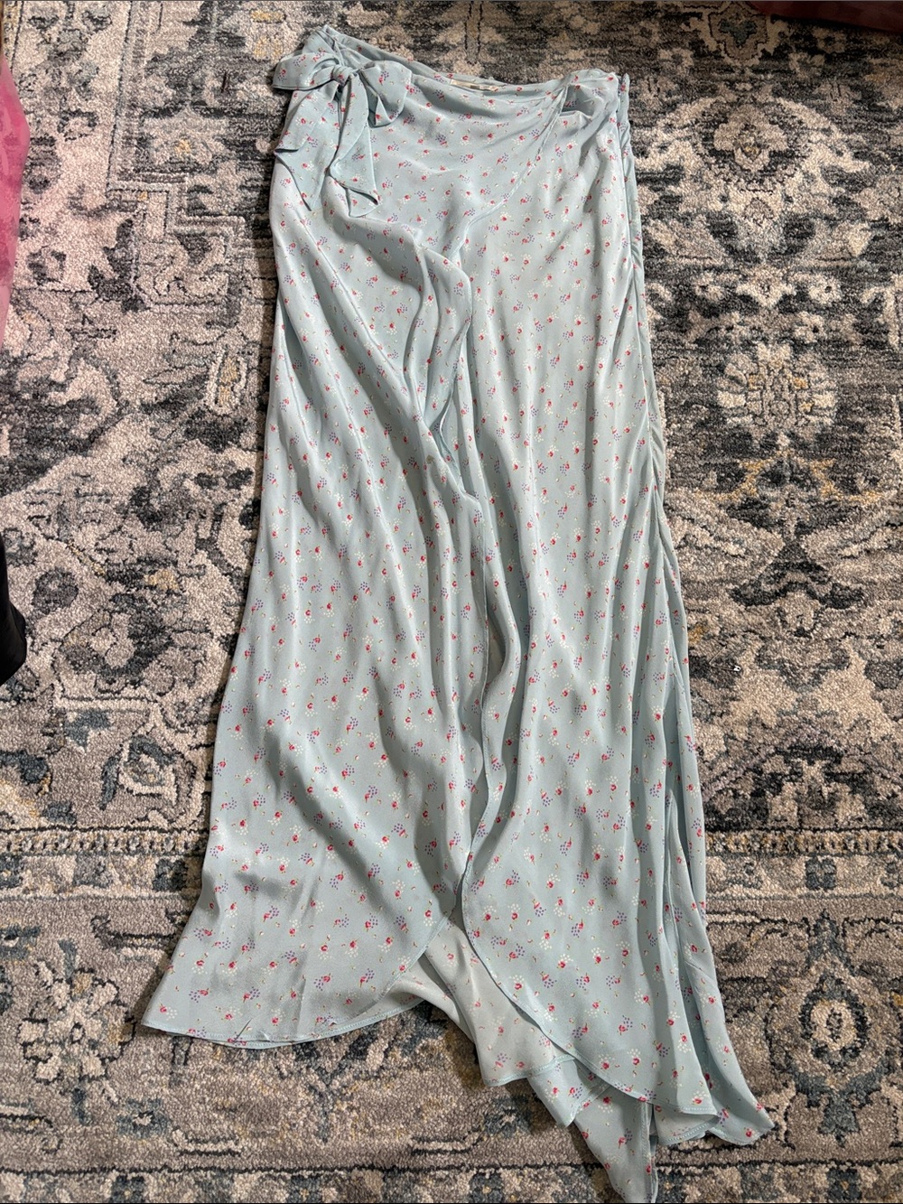 LoveShackFancy Light Blue Floral Midi Wrap Skirt
